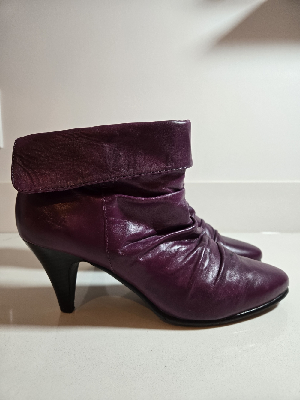 Women's Fold-Over Ankle Boots in Deep Plum Leather